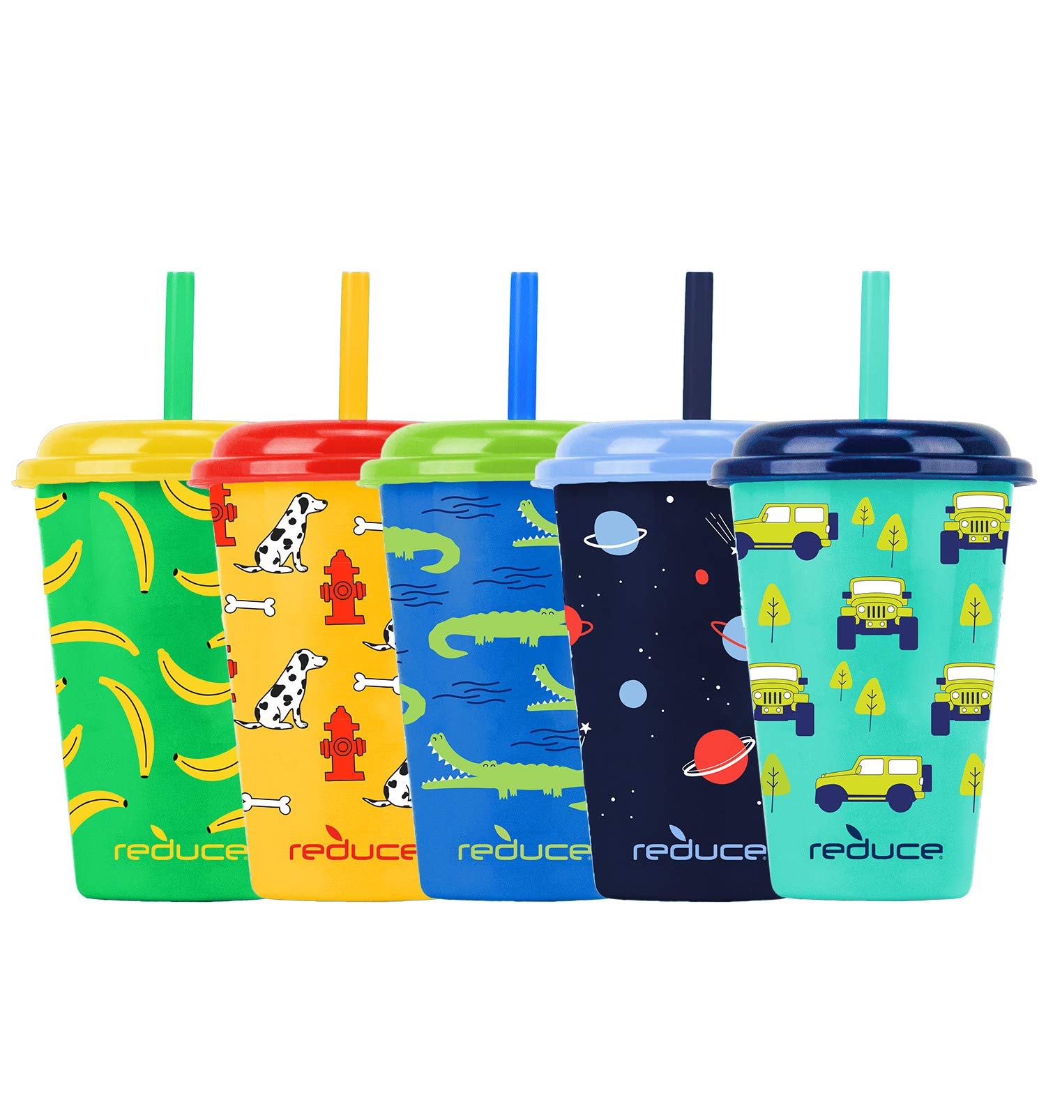 REDUCE GoGo's 12 oz Cup Set, 5 Pack – Plastic Cups with Straws and Lids – Dishwasher Safe, BPA Free – 5 Fun Designs, Wild