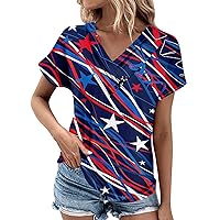 4Th of July Shirts Women,Women's Summer Tee Casual V-Neck Short Sleeve Independence Day Printed Button Top