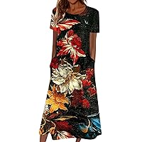 Floral Dress for Women, Plus Size Maxi Dress Banquet Dresses for Women Ladies Dress Pleated Basic Round Neck 2024 Short-Sleeve Midi Loose Daily Women's Dresses Classic with Pocket