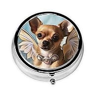 Brown Chihuahua Angel Wings Print Pill Box with 3 Compartment Round Pill Case Portable Travel Pillbox Small Medicine Organizer for Pocket Purse Vitamins