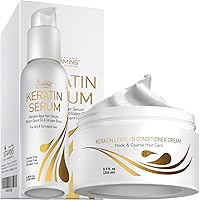 Vitamins Keratin Thick Hair Leave-In Conditioner and Hair Serum Kit - No Rinse Moisturizing Cream and Anti Frizz Gloss Boost for Dry Damaged Curly Wavy and Straight Thick Hair - Pro Salon Hair Care