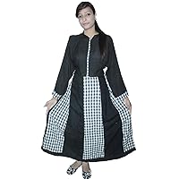 Indian 100% Cotton Check Print Black Color Dress Women Fashion Long Plus Size