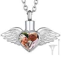 Angel Wing Picture Custom Necklace, Cremation Urn Pendant Jewelry, Memories Ashes Pendants with Sturdy Chain for Mom