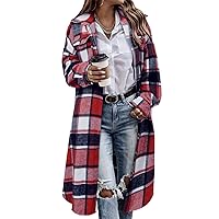 CHICZONE Womens Casual Lapel Button Down Long Plaid Shirt Flannel Shacket Jacket Tartan Trench Coat Red Plus Size 2XL