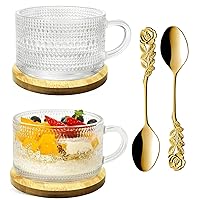 Vintage Overnight Oats Coffee Mugs With Coasters and Spoons 13oz Clear Embossed Glass Cups Iced Coffee Glasses 2 Pack