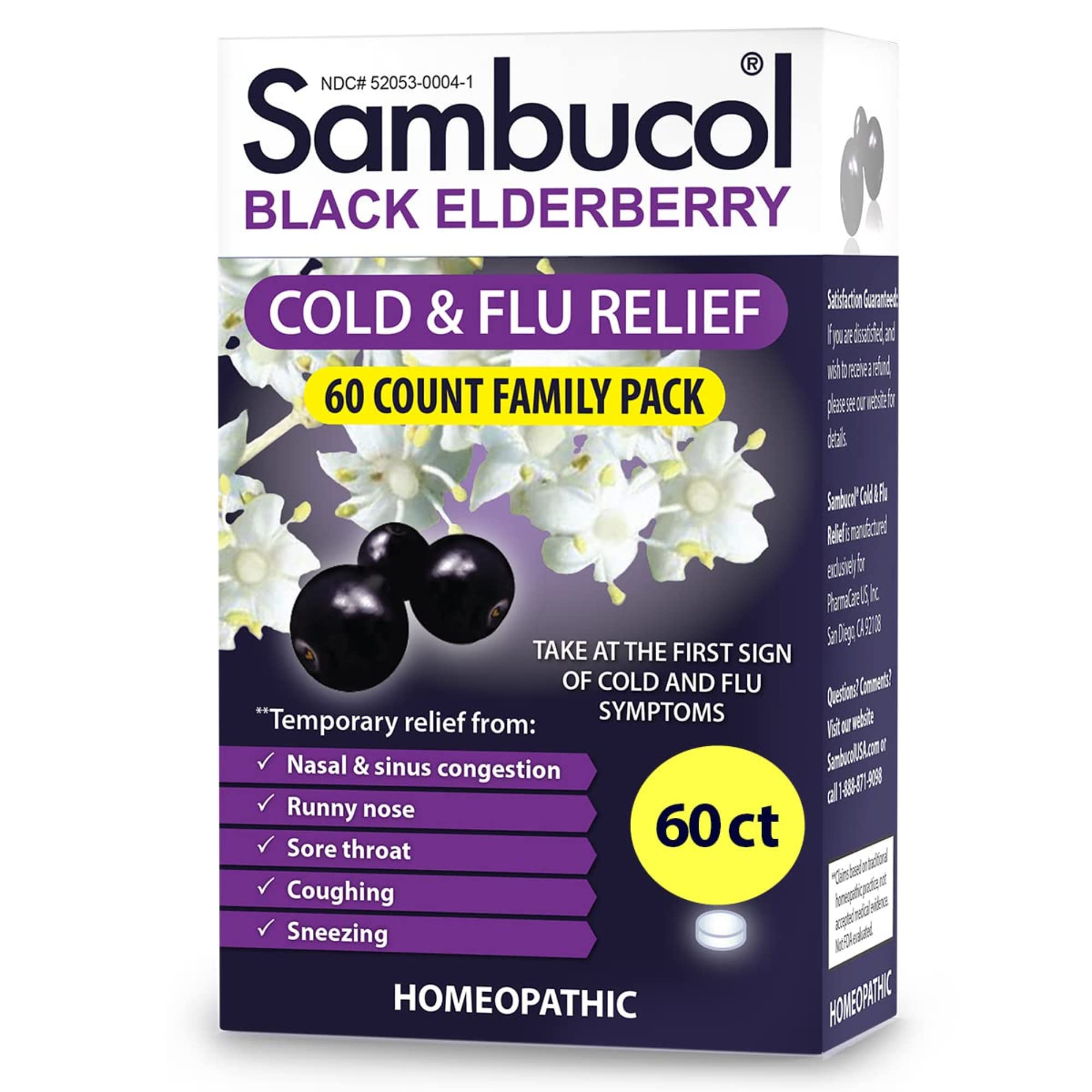Sambucol Cold and Flu Relief Tablets - Homeopathic Cold Medicine, Nasal & Sinus Congestion Relief, Use for Runny Nose, Sore Throat, Coughing, Cold Remedy for Adults - Black Elderberry, 60 Count