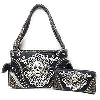 Premium Rhinestone Western Women's Metal Skull Handbag Purse Matching Wallet in 3 colors.
