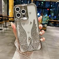 Camera Case for iPhone 15 14 13 12 Pro Max Cover Plating 3D Angel Wings Glitter Full Lens Film Shell Stand,Silver,for iPhone 12 Pro