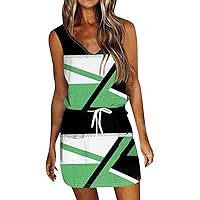 Sundresses for Women 2024 Trendy Striped Print Drawstring Pockets Dresses Summer Oversized Sling V Neck Mini Dress