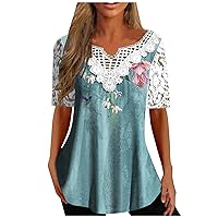 Women's Fashion Casual Lace Sleeve Shirts V-Neck Lace Trim Printed Short Sleeve Tops Pleats Flowy Blouse Tees