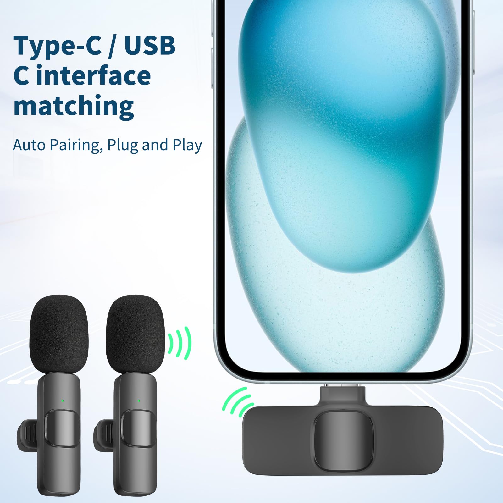aLLreLi iPhone 15 Mics, 2 Pack Wireless Lavalier Microphone for iP15 Pro/Max - Plug-Play Crystal Clear Sound Quality, Long Lasting for Interviews, Podcasts, Vlogs, and More