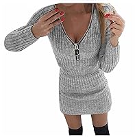 Women Casual Solid Color Knit Dresses V-Neck Zipper Long Sleeve Dress Mini Slim Pullover Winter Dress