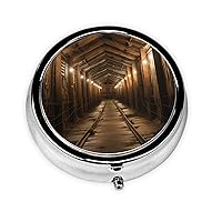 Salt Mine Print Pill Box 3 Compartment Round Pill Case with Mirror Metal Pill Organizer Travel Pillbox Mini Medicine Storage Box for Pocket Purse