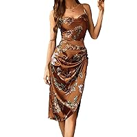 WDIRARA Women's Floral Print Cowl Neck Sleeveless Ruched Split Thigh Satin Cami Summer Dress