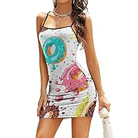 Colorful Donuts Women's Sexy Bodycon Dress Spaghetti Strap Mini Dresses Sleeveless Club Dress