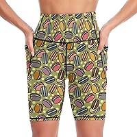 Cute Macarons Women's Biker Shorts with Pockets High Waisted Yoga Workout Shorts