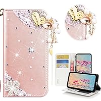 STENES Bling Wallet Phone Case Compatible with iPhone 15 Plus Case - Stylish - 3D Handmade Heart Pendant Flowers Design Magnetic Wallet Stand Girls Women Leather Cover - Pink