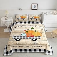 Rustic Farmhouse Truck Comforter Set Full Size,Black White Geometric Grid Bedding Kids Teens Adults Decor,Fall Pumpkin Themed Quilt Halloween Style Bedspread 3pcs with 2 Pillowcases