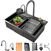 Drop In Kitchen Sink Gunmetal Gray Stainless Steel Waterfall Kitchen Sink with Pull Down Sprayhead Faucet Single Bowl Kitchen Sink Workstation with Multiple Accessories (31.5 x 17.7 inch)