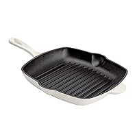 Country Living Enameled Cast Iron Square Griddle Grill Pan with Ridges, Helper Handle and Pouring Spouts for Easy Draining, Indoor Grilling Skillet, 11-Inch, Cream