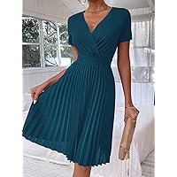 Women's Dress Ruched Surplice Neck Pleated Dress (Color : Teal Blue, Size : Medium)