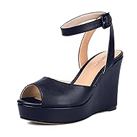 Womens Open Toe Solid Ankle Strap Fashion Open Toe Party Matte Buckle Wedge High Heel Platforms Sandals 4 Inch