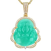 Buddha Necklace Green Jade Lucky Buddha Pendant with 14K Gold Plated Chain Luxury Bling Laughing Buddah Neckless for Women Men, Gold Plated, Agate