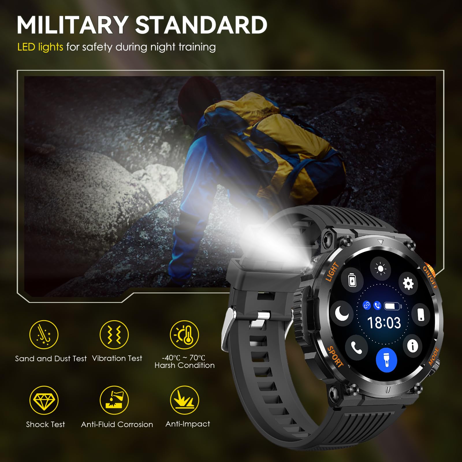 Bassizo Military Smart Watch for Men with LED Flashlight Rugged Outdoor Tactical Smartwatch with Compass (Answer/Dial Calls) Fitness Tracker Watch with Heart Rate Sleep Monitor for iOS Android Phone