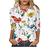Womens Shirts 3/4 Length Sleeve Floral Print Casual Tops 2024 Summer Trendy Crewneck Blouses Loose Lightweight Tunic Tees