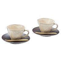 Koyo Pottery K7-30 Cup Saucer, White, Bowl/Diameter 3.9 x Height 2.8 inches (9.8 x 7 cm) x 2, Plate: 5.9 inches (15 cm) x 2, Bamboo Spoon Included, Antique Beige Pair Cup & Saucer