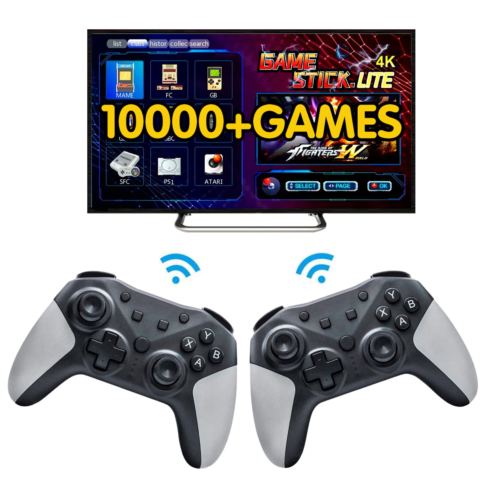 ScienSta Wireless Retro Game Console, Plug and Play Video Game Stick Built in 10000+ Games, 4K High Definition HDMI Output for TV with Dual 2.4G Wireless Controllers,9 Classic Emulators