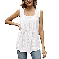 Women's Eyelet Embroidery Square Neck Tank Tops Cute Babydoll Tops Summer Casual Curved Hem Flowy Shirts Blouses