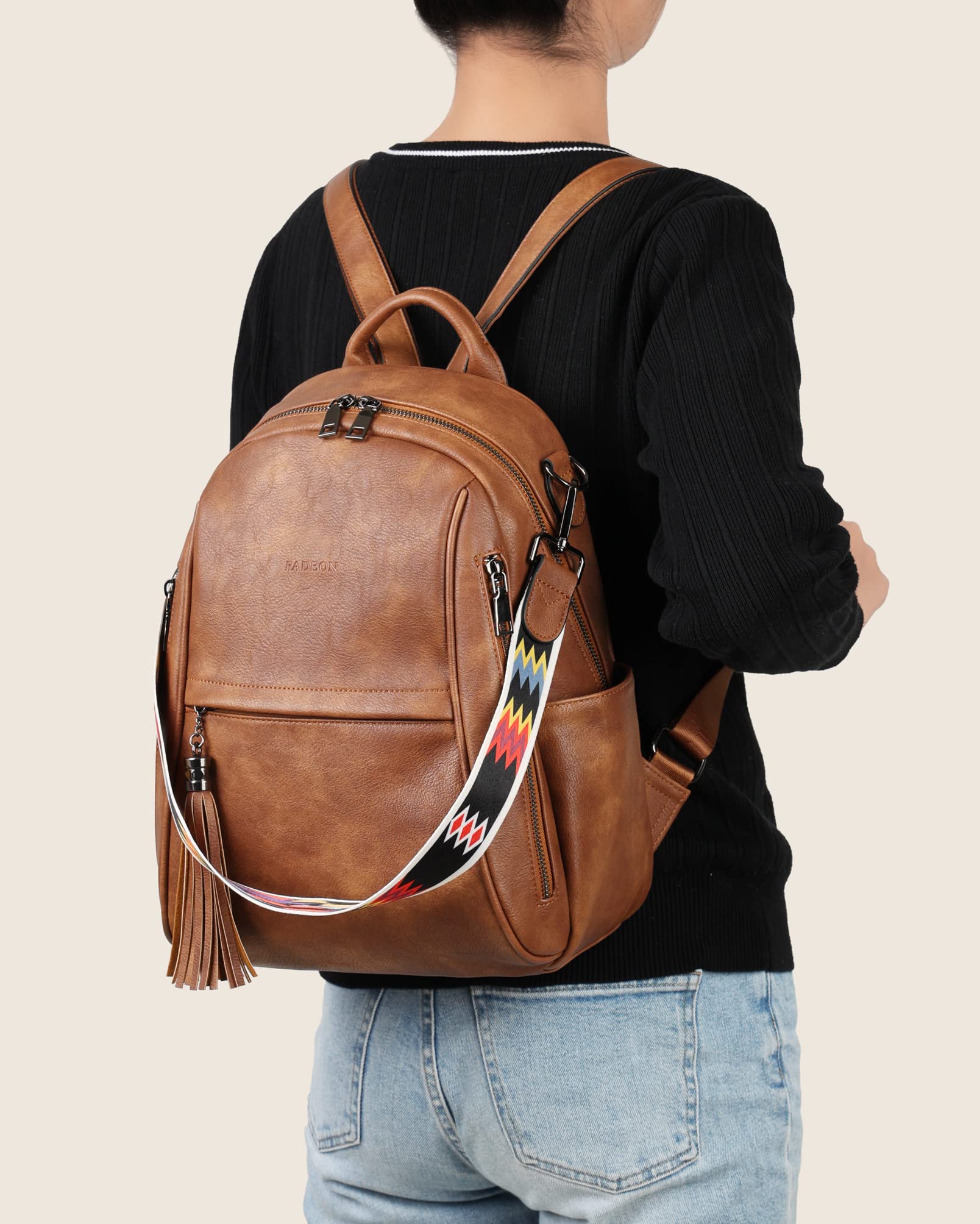 FADEON Backpack Purse for Women, Leather Handbags Designer Cute Roomy Ladies Shoulder Bag with Tassel