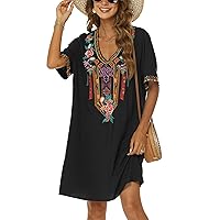 Grosy Women's Embroidered Mexican Peasant Dresses, Plus Size Fiesta Boho Dress for Women, Traditional Floral Bohemian Tunic