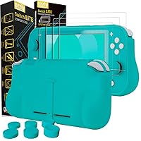 Orzly Turquoise Comfort Grip Case, Thumb Grips, & 4 pack of Glass Screen Protectors for Switch Lite - Bundle