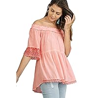 Umgee Women's Short Sleeve Washed Off Shoulder Tunic Tops R7342