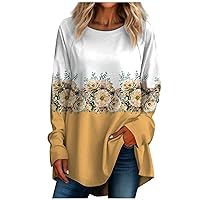 Womens Spring Tops Long Sleeve Shirts Round Neck Blouses Dressy Casual Floral Print Vintage Tees Cute Loose Fit Tunic