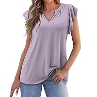HTHLVMD Bohemian Blouse Ladie's Short Sleeve Oversize Summer College Solid Color T Shirt Fitted V Neck Pleated Stretchy Cotton T Shirts Teen Girls Light Purple
