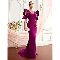 Women's Dress Exaggerated Ruffle Cut-Out Fishtail Hem Dress (Color : Red Violet, Size : X-Small)