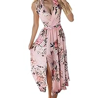 Summer Sundresses for Women 2024, V Long Fashion Strap Chiffon Neck Sexy Floral Maxi Print Womens Dress Floral