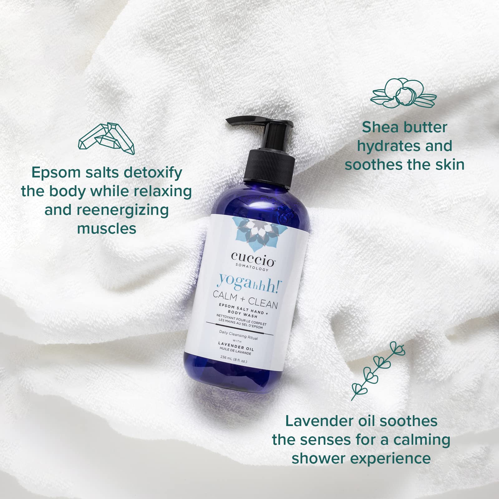 cuccio SOMATOLOGY - Calm and Clean Epsom Salt Hand and Body Wash - Hydrating - Moisturizing - Re-energizing - Detoxifing the Skin with Epsom Salt, Lavender Oil, ProVitamin B & Shea Butter - 8 oz