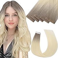 Moresoo Tape in Hair Extensions Virgin Human Hair Blonde Hair Tape in Virgin Human Hair Extensions Ombre Off Light Brown to Platinum Blonde Injection Tape in Extensions #R19/60 22Inch 5Pcs/12.5G