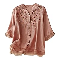 Floral Embroidery Blouse for Women Flowy Sheer Mesh Patchwork Cotton Linen Shirts Summer 3/4 Sleeve Button Down Tops