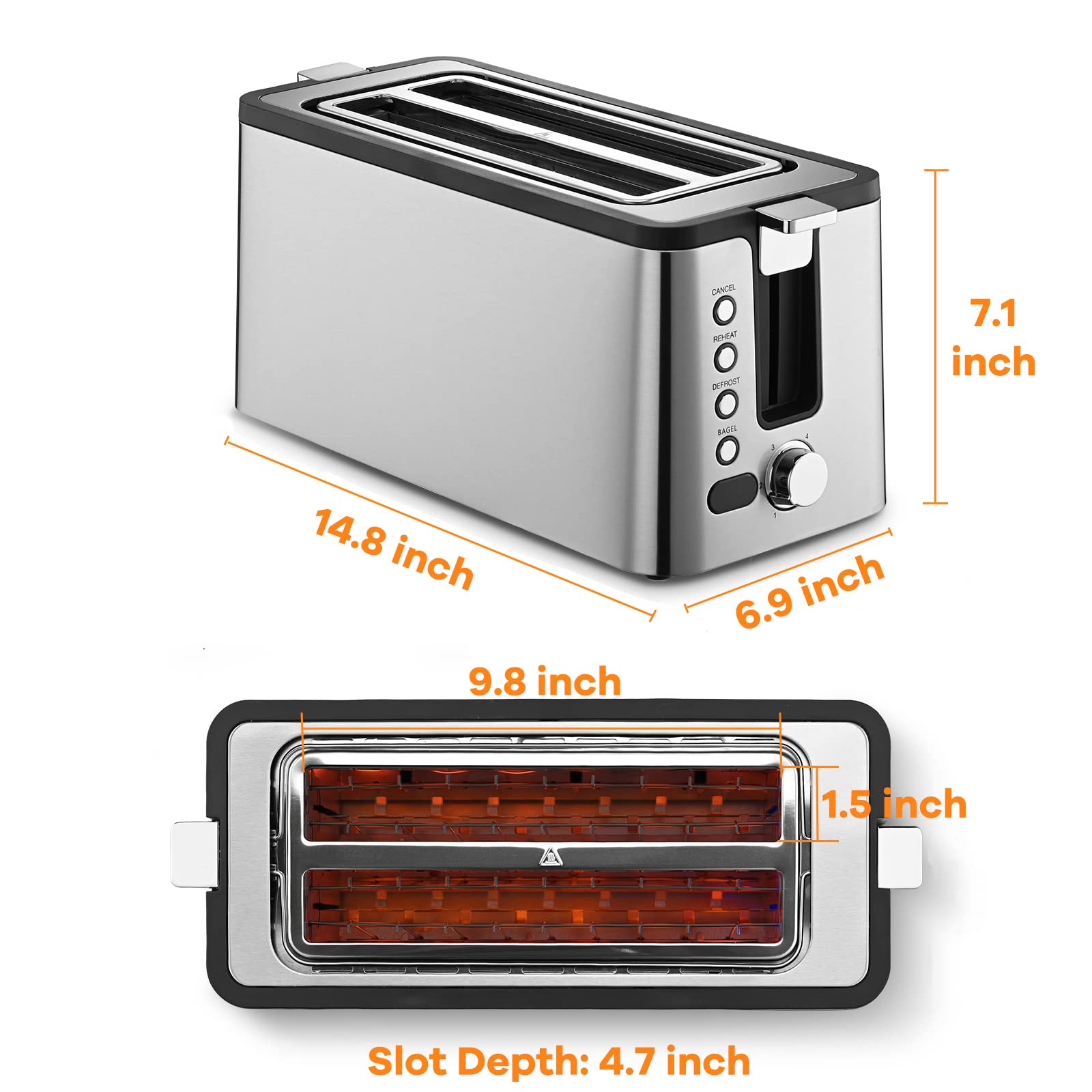 Mecity 4 Slice Toaster, Long Slot Toaster With Countdown Timer, Bagel / Defrost / Reheat / Cancel Functions,Warming Rack, removable Crumb Tray, 6 Browning Settings, Extra Wide Long Slots, Stainless Steel Bread Toaster, 1300 Watts