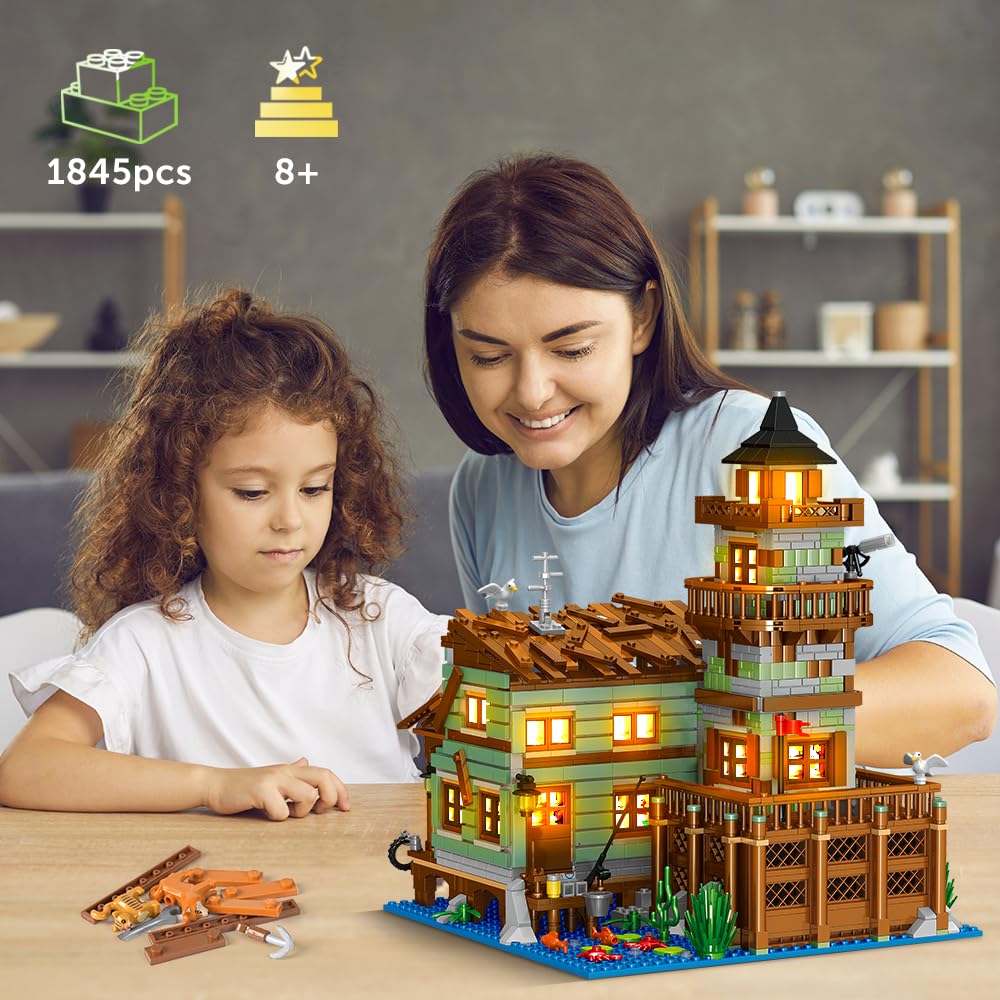 INSOON Fishing Village Store House Building Set with LED Light, 1845 PCS Wood Cabin Mini Building Block, Creative Architecture STEM Toys Kit, Birthday Gift for Adults Kids Boys Girls Ages 8-12+ Years