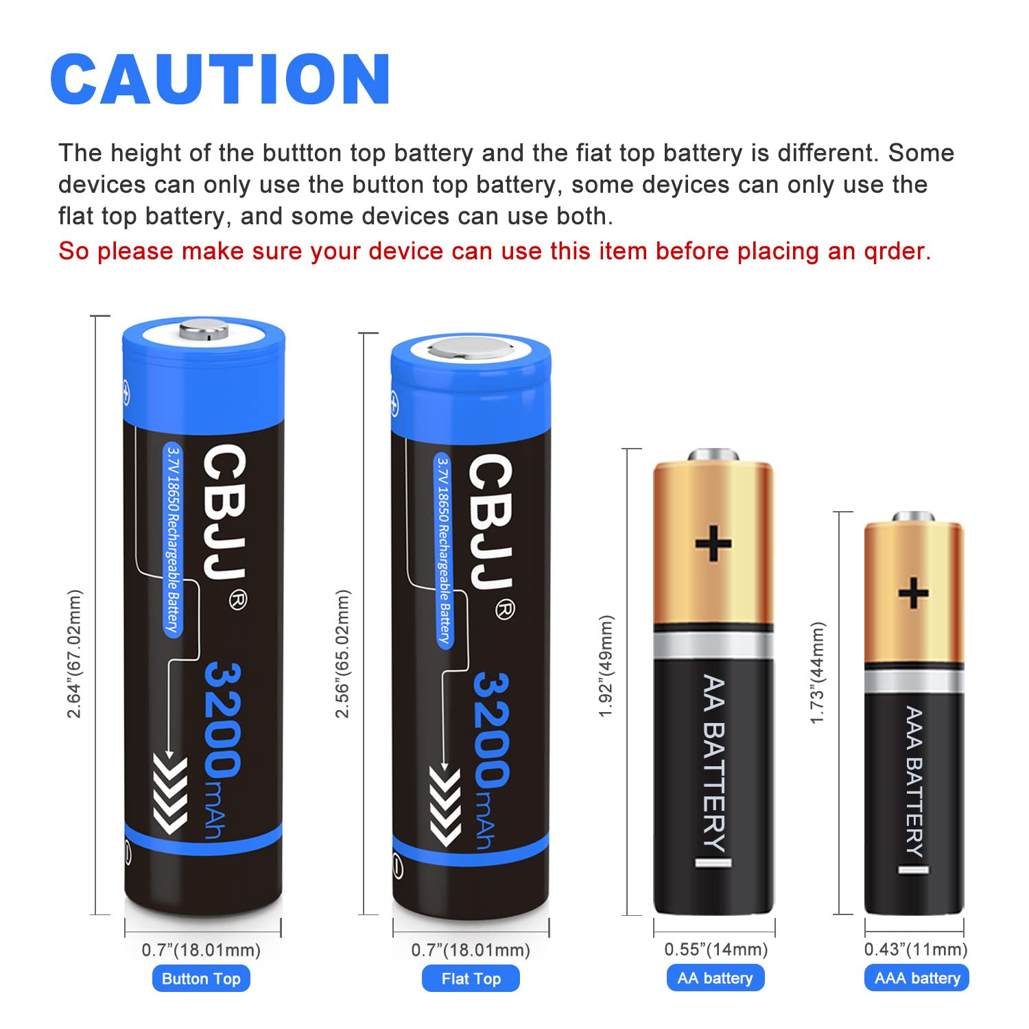 CBJJ 2 Pack 18650 Rechargeable Battery Flat Top 3.7 Volts Rechargeable Lithium Battery, US Shipping