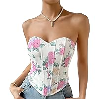 Sexy Corset for Women, Fashion Floral Print Open Back Boned Wrap Bustier Ladies Going Out Party Strapless Camisole
