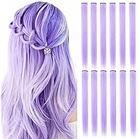 12 PCS Colored Light Purple Hair Extensions 21 Inch Colorful Clip in Hair Extensions Straight Synthetic Hairpiece for Women Kids Girls Halloween Christmas Cosplay, (Light purple)