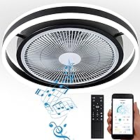 Flush Mount Ceiling Fan with Light and Bluetooth Speaker, 6 Speeds Reversible 3-Color Dimmable Bladeless Ceiling Fan, Low Profile Ceiling Fan Light with APP and Remote Control, 19.8 Inch