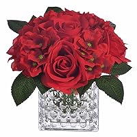 Fule Artificial Silk Rose Flower Centerpiece Arrangement in Glass Vase with LED Light for Home Wedding Decoration (Red)